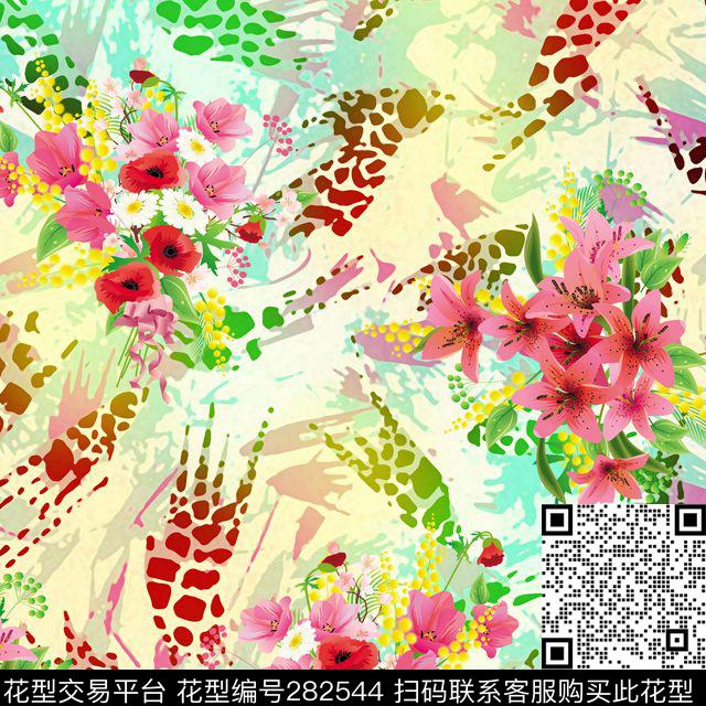 豹纹花卉手绘数码印花华亿平台下载（图片编号: 282544） - 瓦栏（Walan）