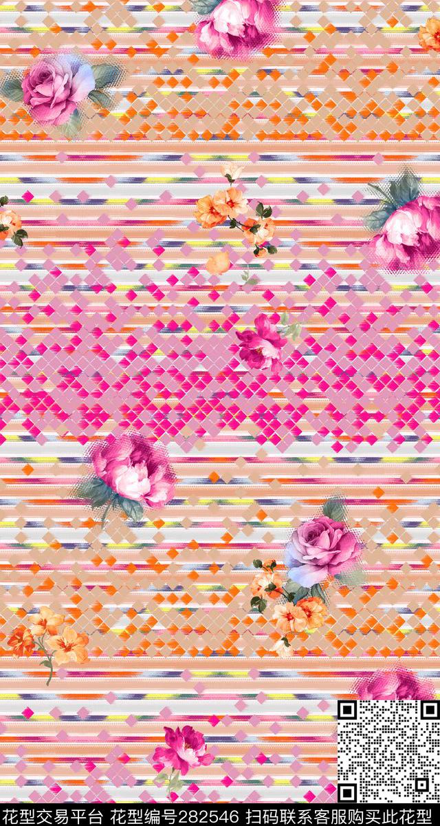 花卉几何菱格温馨传统印花华亿平台下载（图片编号: 282546） - 瓦栏（Walan）