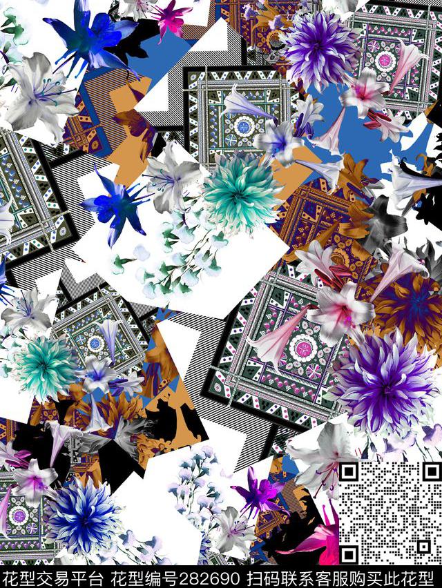 花卉方巾拼贴数码印花华亿平台下载（图片编号: 282690） - 瓦栏（Walan）