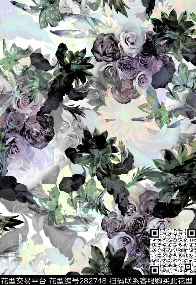 花卉玫瑰剪影数码印花华亿平台下载（图片编号: 282748） - 瓦栏（Walan）