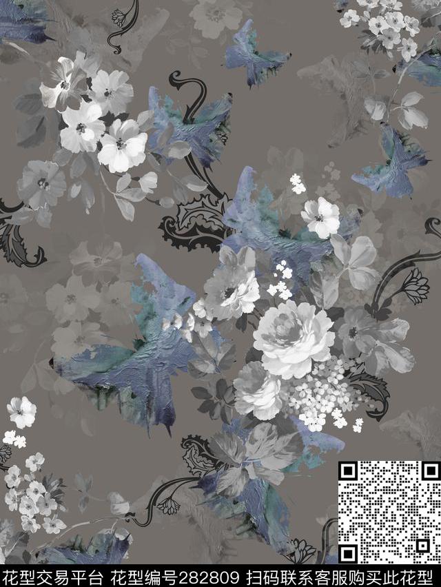 水彩花卉蝴蝶数码印花华亿平台下载（图片编号: 282809） - 瓦栏（Walan）