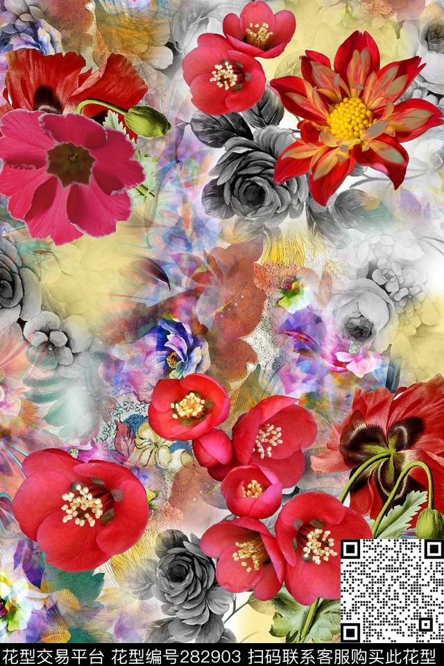 手绘花卉多彩数码印花华亿平台下载（图片编号: 282903） - 瓦栏（Walan）