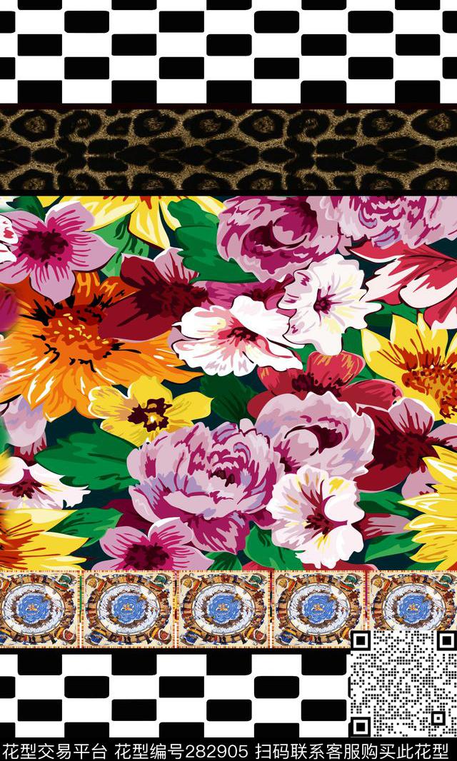 豹纹花卉手绘数码印花华亿平台下载（图片编号: 282905） - 瓦栏（Walan）