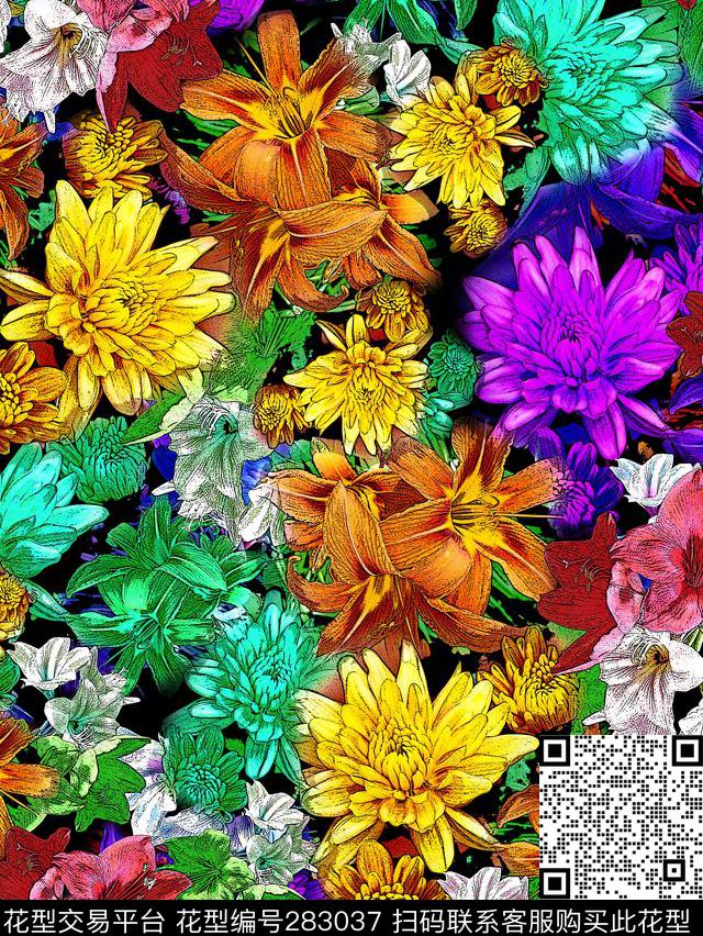 手绘花卉多彩数码印花华亿平台下载（图片编号: 283037） - 瓦栏（Walan）