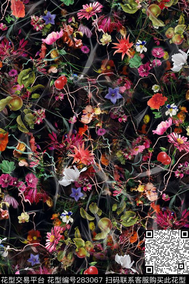 花卉树枝黑底数码印花华亿平台下载（图片编号: 283067） - 瓦栏（Walan）