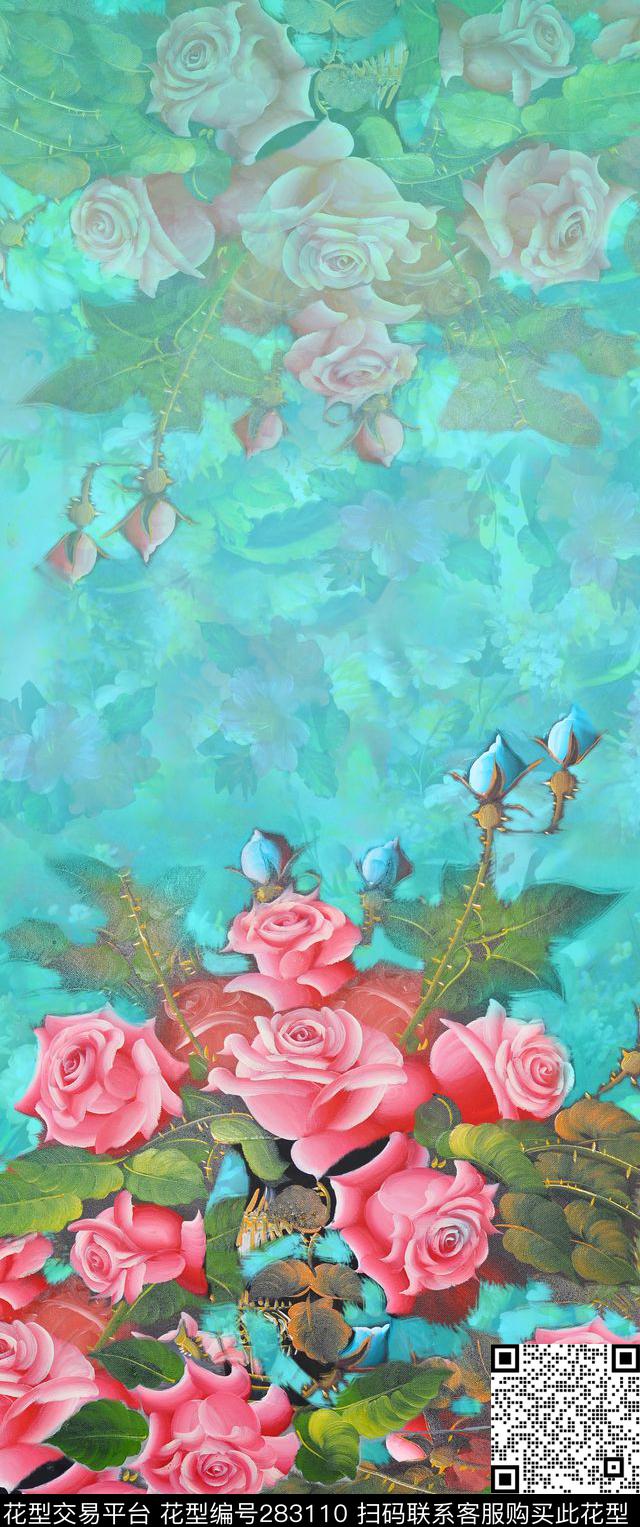 油画花卉剪影数码印花华亿平台下载（图片编号: 283110） - 瓦栏（Walan）