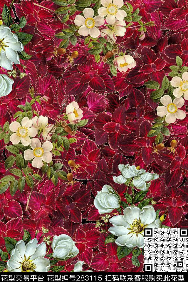 手绘花卉红叶数码印花华亿平台下载（图片编号: 283115） - 瓦栏（Walan）