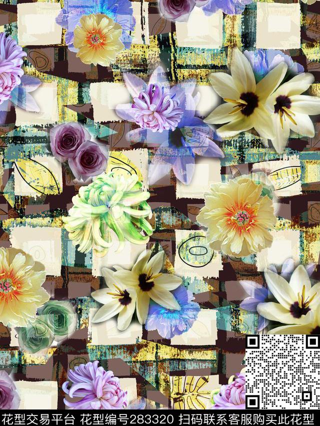 花卉方格立体数码印花华亿平台下载（图片编号: 283320） - 瓦栏（Walan）