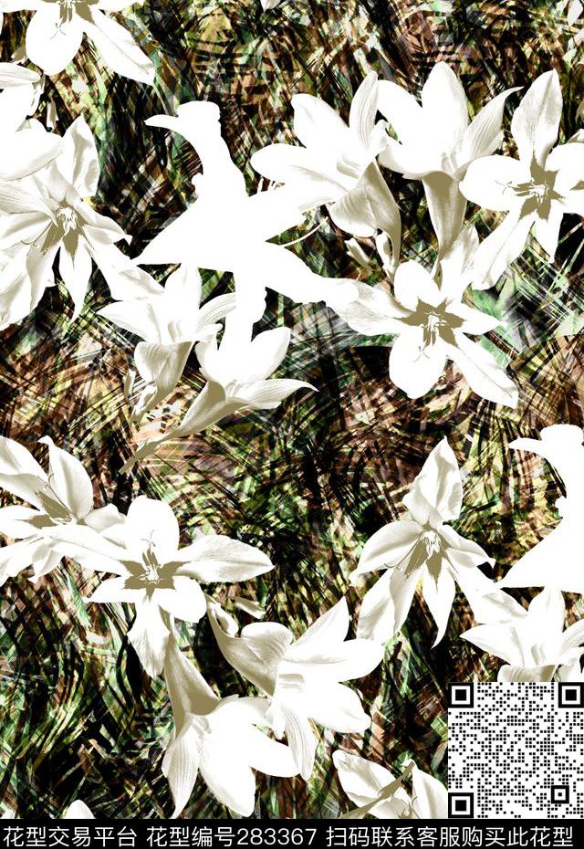 花卉百合质感笔触数码印花华亿平台下载（图片编号: 283367） - 瓦栏（Walan）
