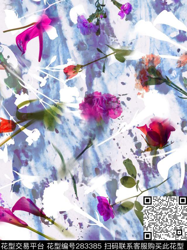 花卉手绘水彩泼墨数码印花华亿平台下载（图片编号: 283385） - 瓦栏（Walan）