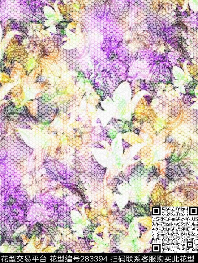 花卉组合数码印花华亿平台下载（图片编号: 283394） - 瓦栏（Walan）
