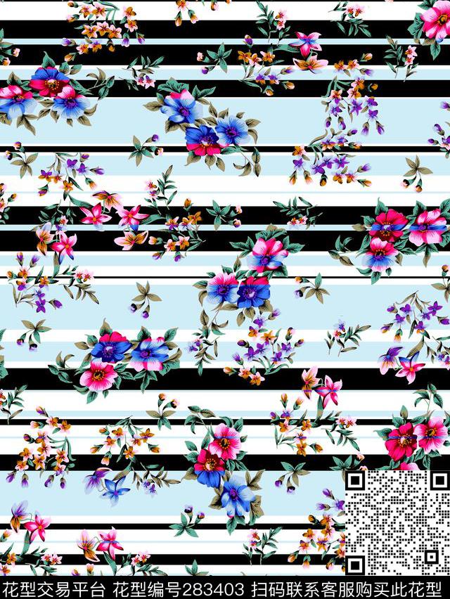 花卉小花横条纹数码印花华亿平台下载（图片编号: 283403） - 瓦栏（Walan）