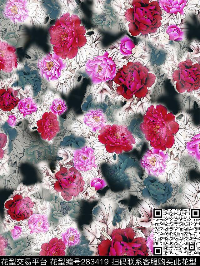 花卉手绘牡丹数码印花华亿平台下载（图片编号: 283419） - 瓦栏（Walan）