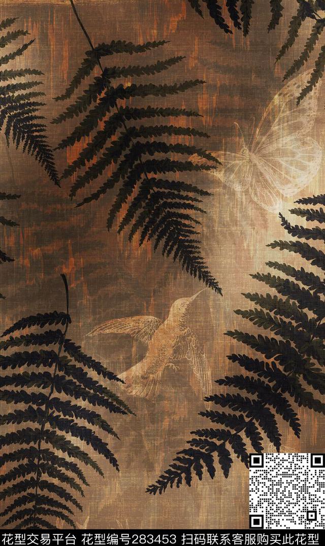 植物叶子复古数码印花华亿平台下载（图片编号: 283453） - 瓦栏（Walan）