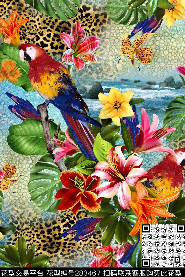 花卉鹦鹉豹纹数码印花华亿平台下载（图片编号: 283467） - 瓦栏（Walan）