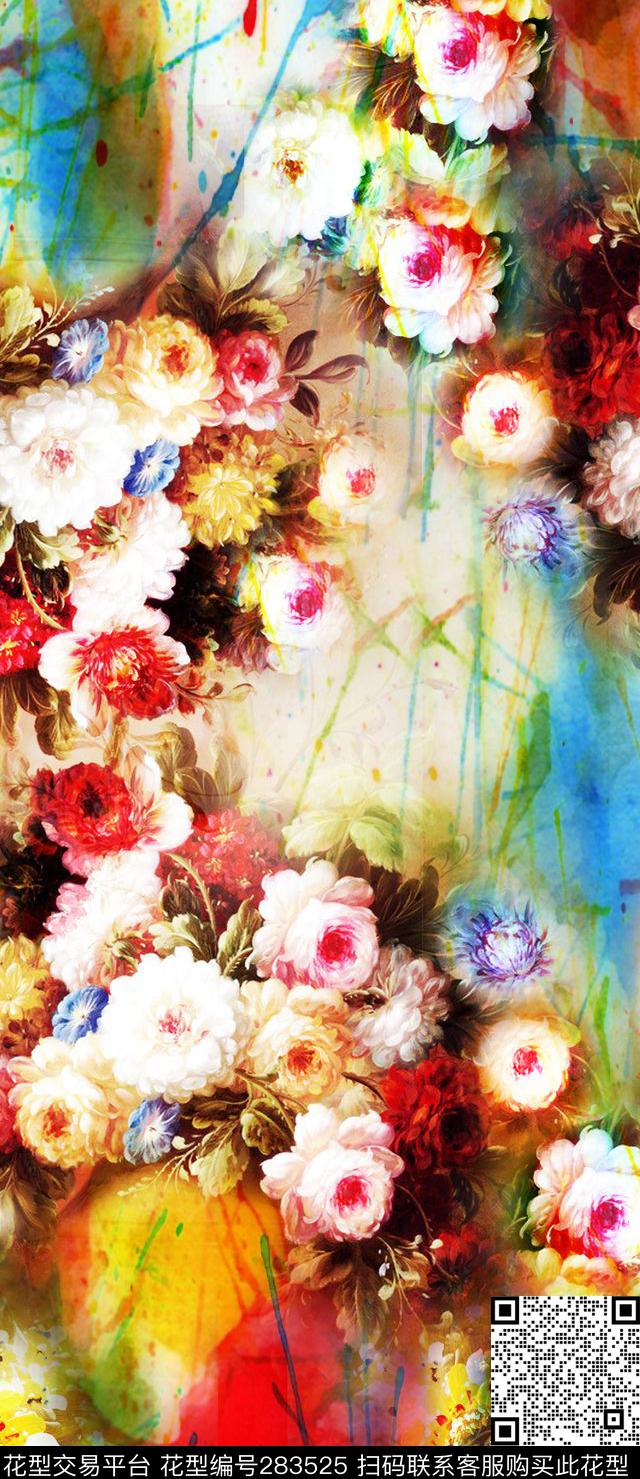 花卉泼墨纹理手绘水彩数码印花华亿平台下载（图片编号: 283525） - 瓦栏（Walan）