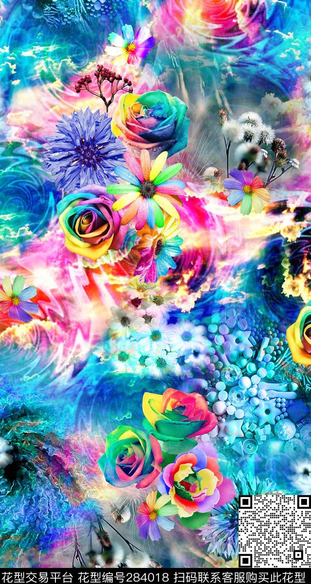 花卉彩色缤纷数码印花华亿平台下载（图片编号: 284018） - 瓦栏（Walan）