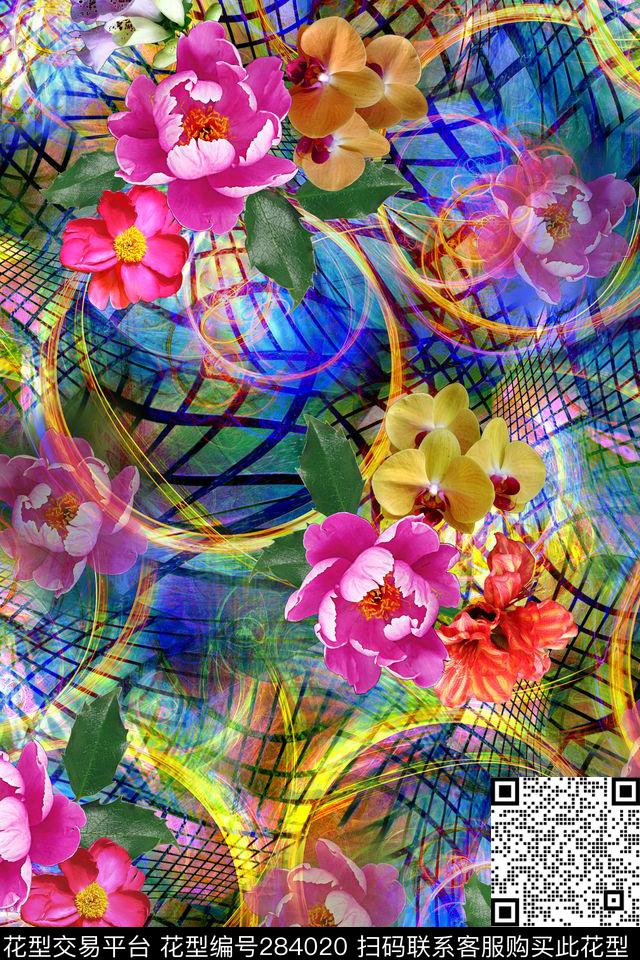花卉线条几何数码印花华亿平台下载（图片编号: 284020） - 瓦栏（Walan）