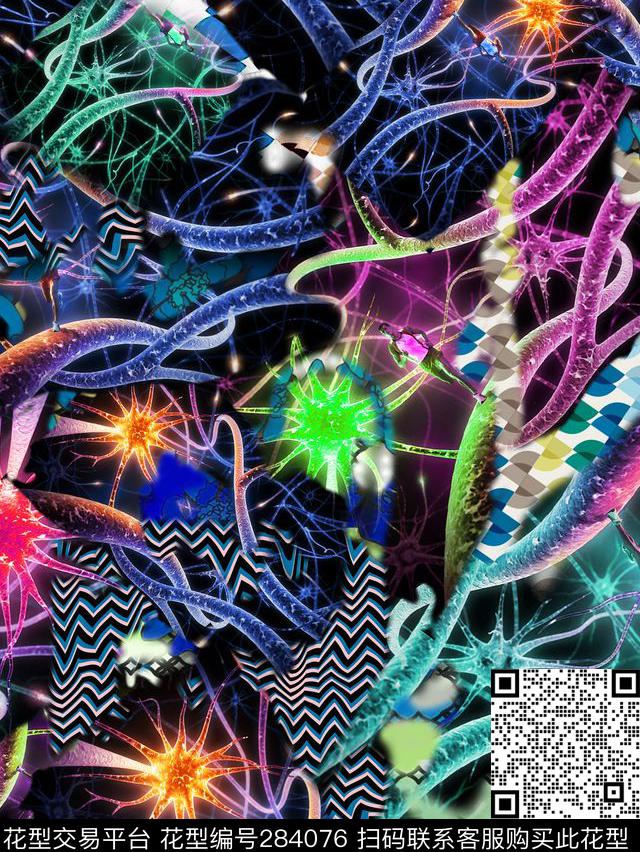 炫彩条带花卉数码印花华亿平台下载（图片编号: 284076） - 瓦栏（Walan）