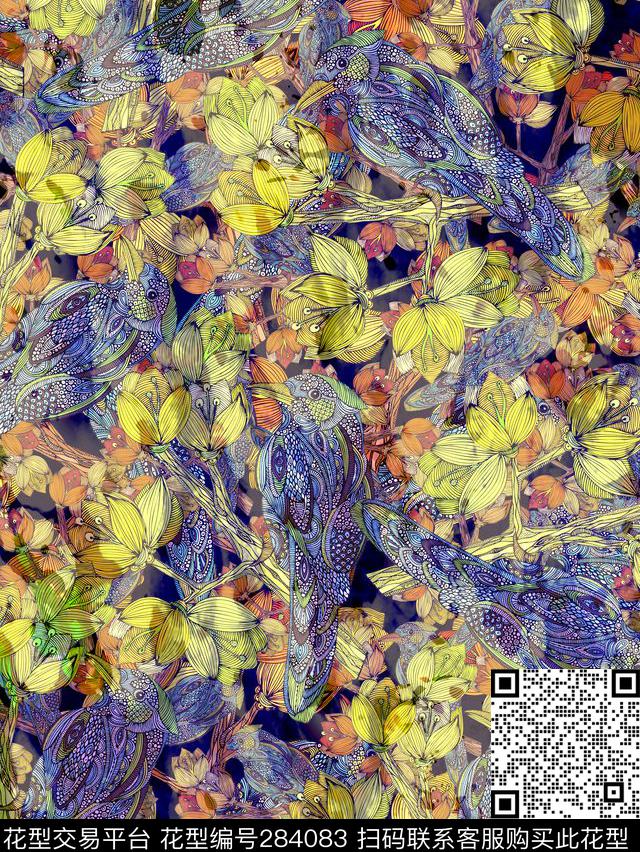 手绘花卉抽象动物数码印花华亿平台下载（图片编号: 284083） - 瓦栏（Walan）