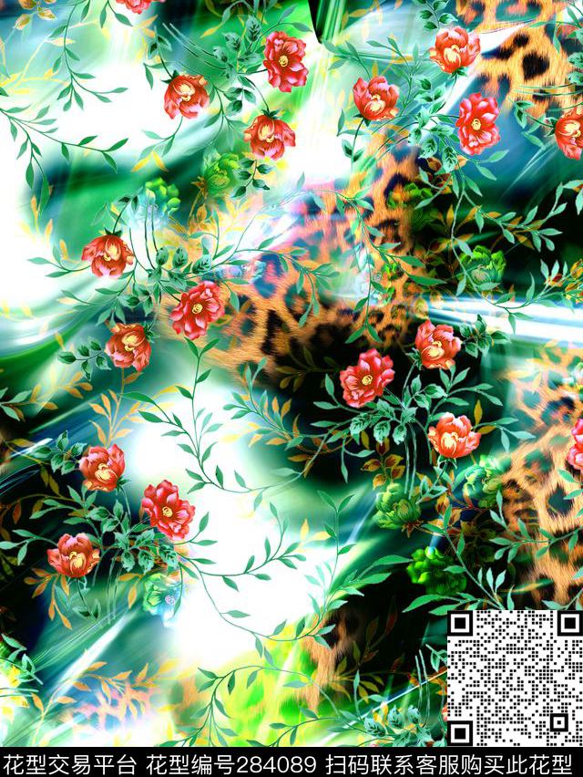 小花花卉豹纹数码印花华亿平台下载（图片编号: 284089） - 瓦栏（Walan）