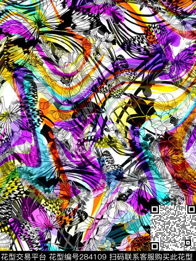 手绘蝴蝶花卉数码印花华亿平台下载（图片编号: 284109） - 瓦栏（Walan）
