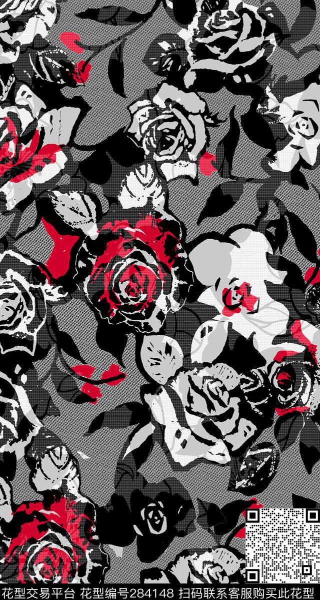 手绘花卉玫瑰传统印花华亿平台下载（图片编号: 284148） - 瓦栏（Walan）