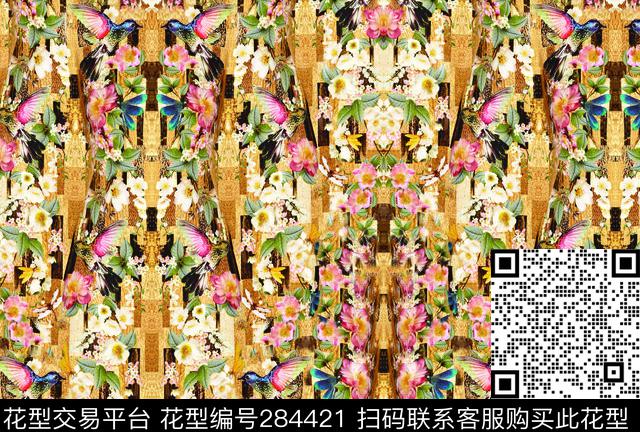 抽象花卉蜂鸟数码印花华亿平台下载（图片编号: 284421） - 瓦栏（Walan）