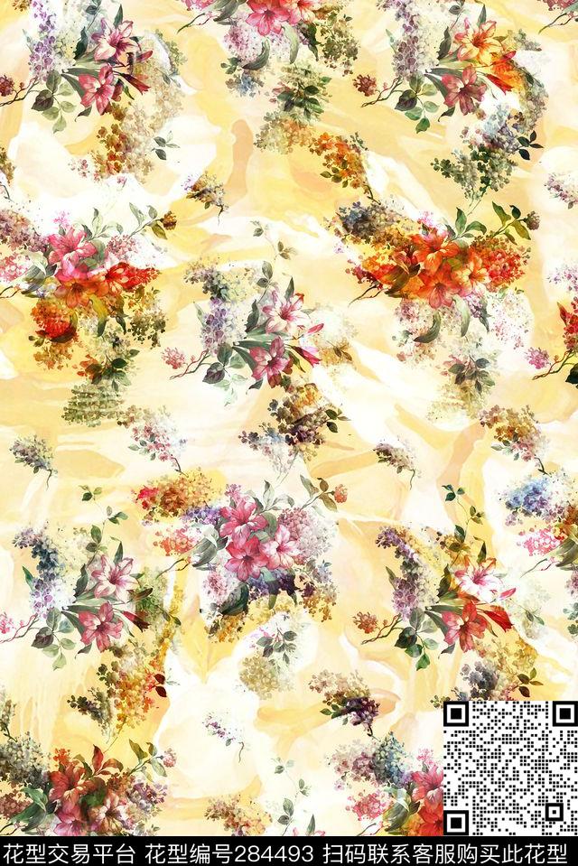 手绘水彩花卉田园数码印花华亿平台下载（图片编号: 284493） - 瓦栏（Walan）