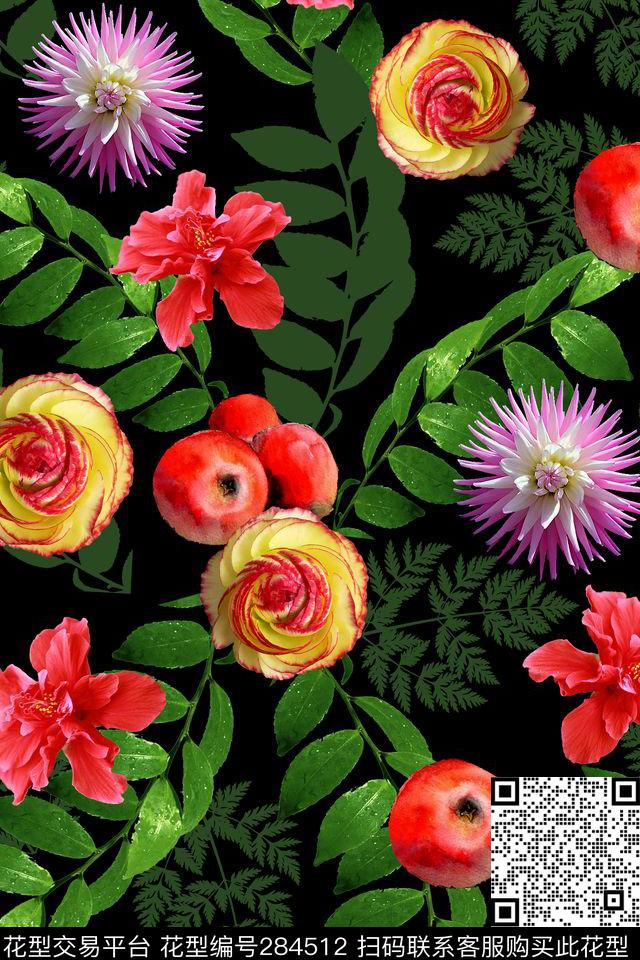 花卉写实对比数码印花华亿平台下载（图片编号: 284512） - 瓦栏（Walan）