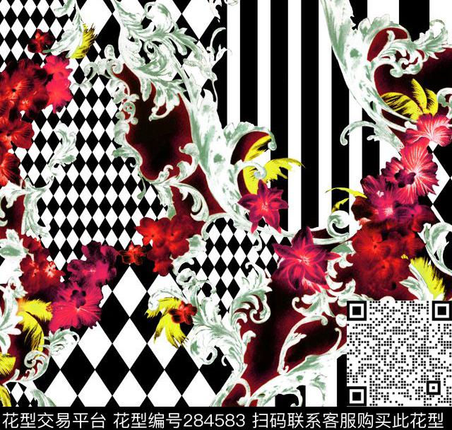 巴洛克几何花卉波普趣味数码印花华亿平台下载（图片编号: 284583） - 瓦栏（Walan）