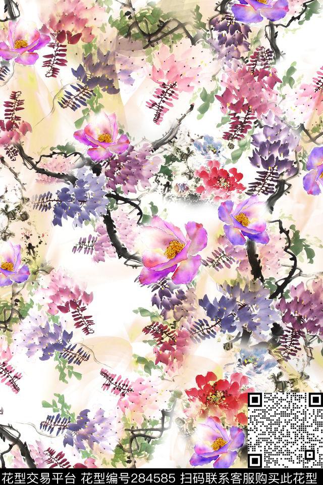 手绘国画水彩晕染中国风数码印花华亿平台下载（图片编号: 284585） - 瓦栏（Walan）