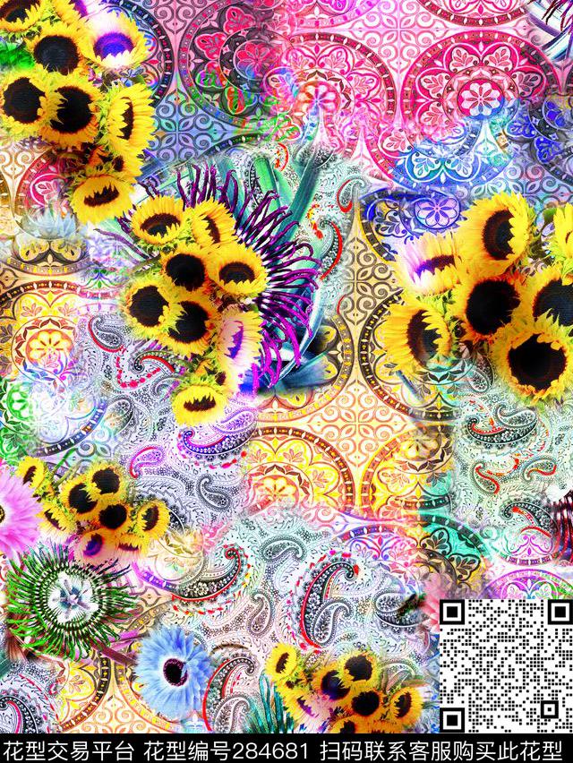 佩斯利涡旋纹花卉炫彩数码印花华亿平台下载（图片编号: 284681） - 瓦栏（Walan）