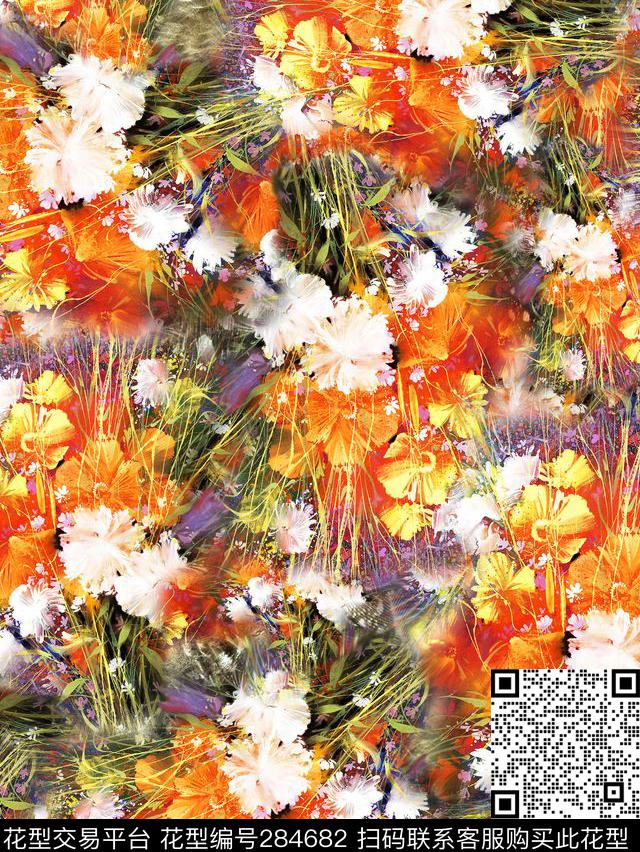 手绘油画花卉炫彩数码印花华亿平台下载（图片编号: 284682） - 瓦栏（Walan）