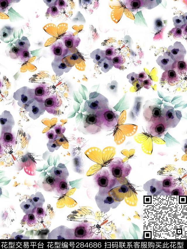 手绘水彩花卉蝴蝶数码印花华亿平台下载（图片编号: 284686） - 瓦栏（Walan）