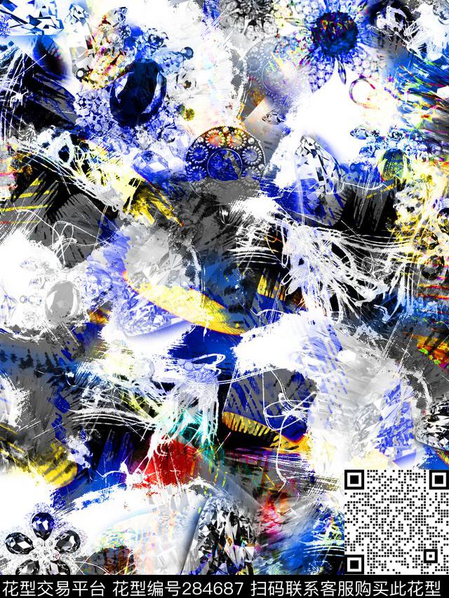 抽象花卉珠宝数码印花华亿平台下载（图片编号: 284687） - 瓦栏（Walan）
