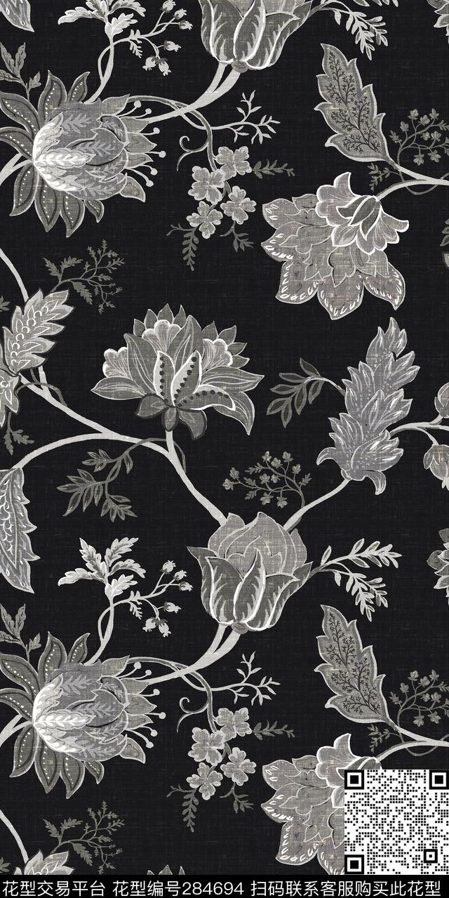 手绘描花花卉细腻传统印花华亿平台下载（图片编号: 284694） - 瓦栏（Walan）