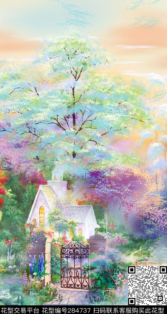 手绘水彩风景炫彩数码印花华亿平台下载（图片编号: 284737） - 瓦栏（Walan）