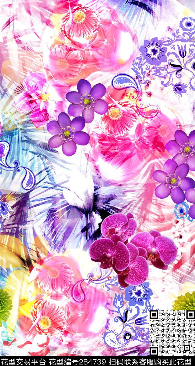 手绘水彩花卉佩斯利涡旋纹数码印花华亿平台下载（图片编号: 284739） - 瓦栏（Walan）