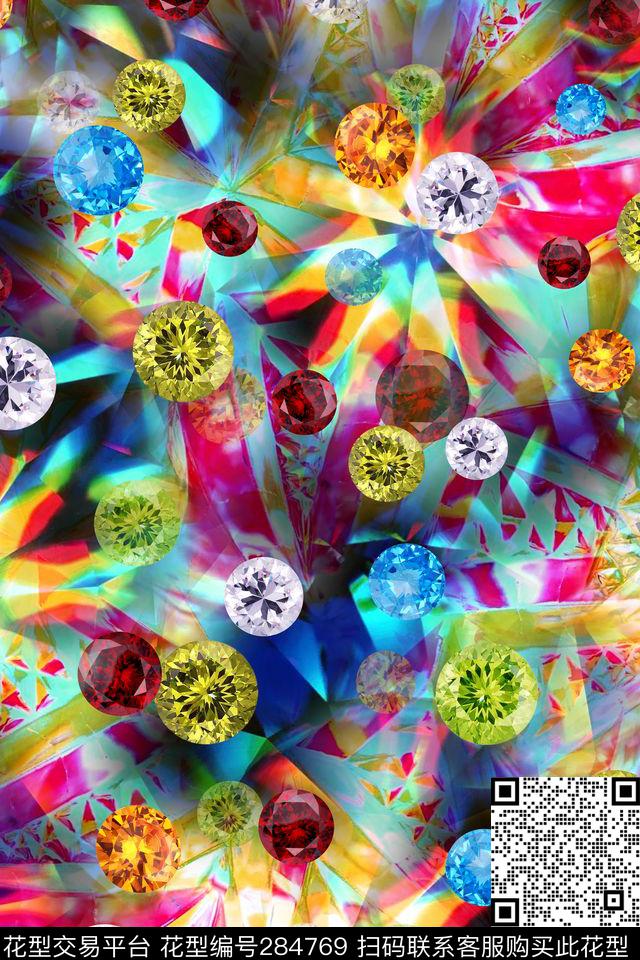 手绘水彩花卉珠宝宝石数码印花华亿平台下载（图片编号: 284769） - 瓦栏（Walan）