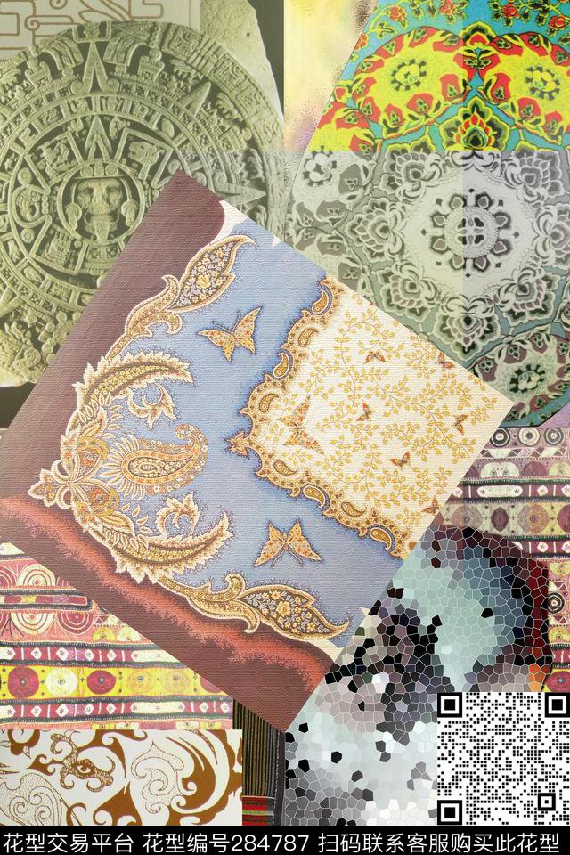 佩斯利涡旋纹民族风几何方块数码印花华亿平台下载（图片编号: 284787） - 瓦栏（Walan）