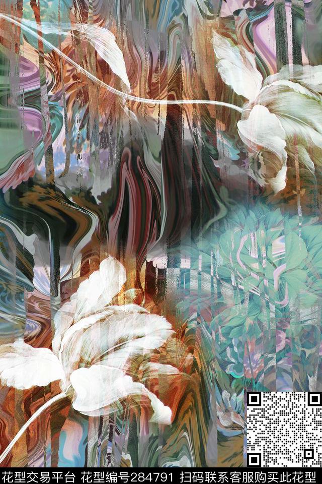 手绘水彩花卉线条弯曲错觉数码印花华亿平台下载（图片编号: 284791） - 瓦栏（Walan）