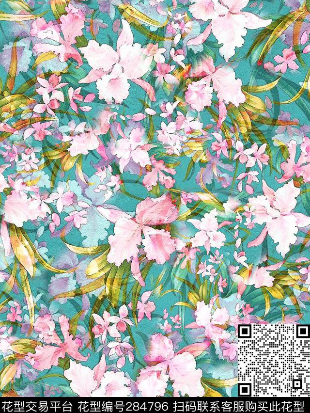 手绘水彩多彩花湖数码印花华亿平台下载（图片编号: 284796） - 瓦栏（Walan）