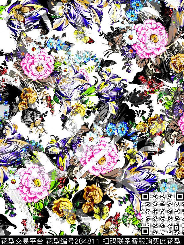 手绘水彩花卉蝴蝶数码印花华亿平台下载（图片编号: 284811） - 瓦栏（Walan）