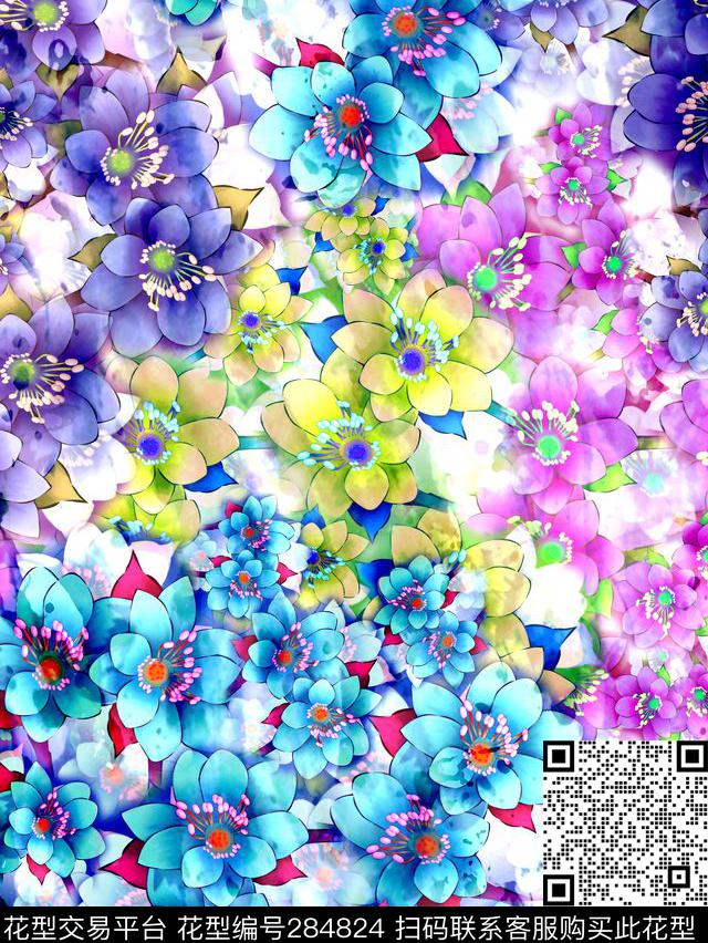 手绘水彩花卉多彩数码印花华亿平台下载（图片编号: 284824） - 瓦栏（Walan）