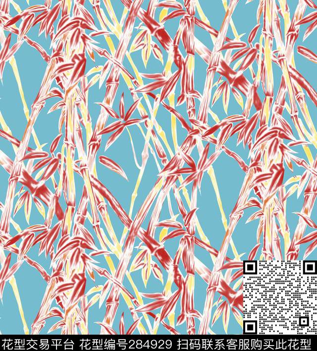 手绘水彩竹子写意数码印花华亿平台下载（图片编号: 284929） - 瓦栏（Walan）