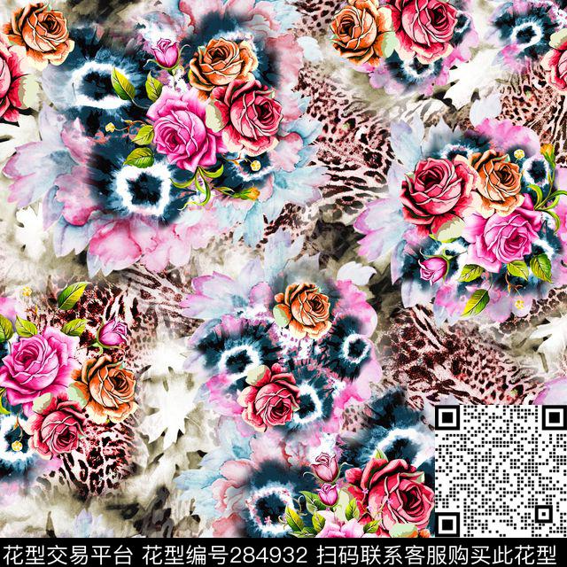 手绘水彩花卉豹纹数码印花华亿平台下载（图片编号: 284932） - 瓦栏（Walan）