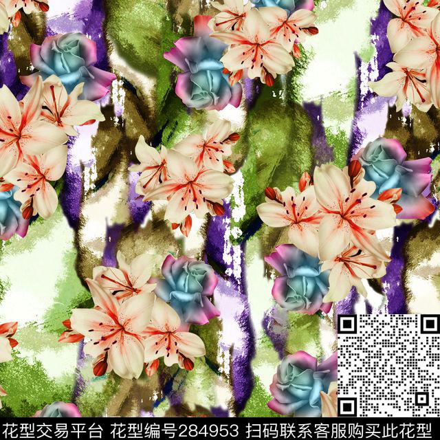 手绘水彩花卉泼墨数码印花华亿平台下载（图片编号: 284953） - 瓦栏（Walan）