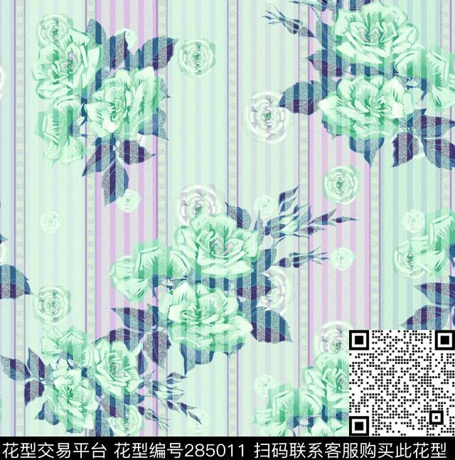 碎花花卉竖条纹数码印花华亿平台下载（图片编号: 285011） - 瓦栏（Walan）