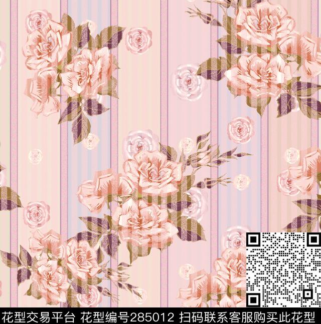 碎花花卉竖条纹数码印花华亿平台下载（图片编号: 285012） - 瓦栏（Walan）